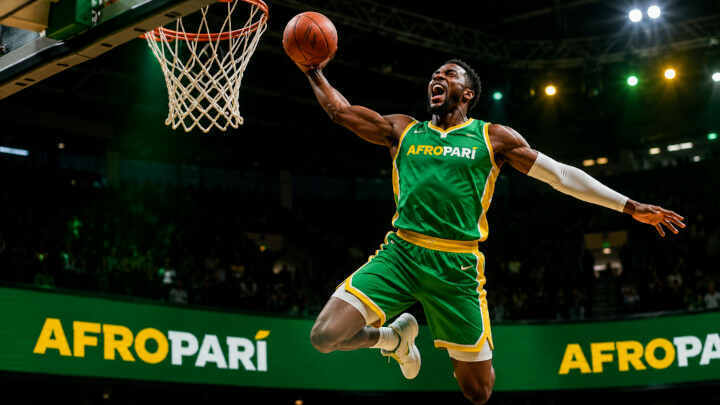 Joueur de basket réalisant un dunk pendant un match